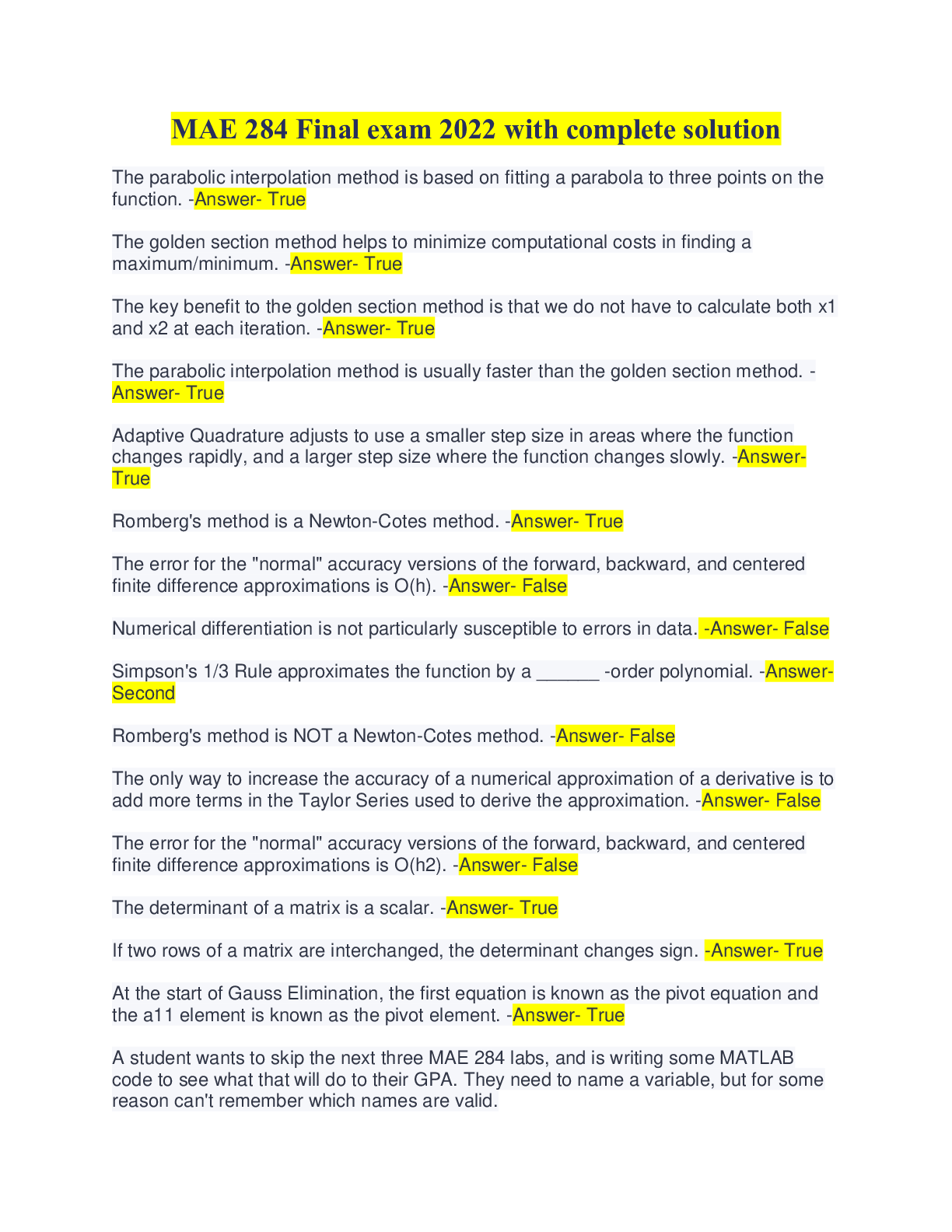 Preview image of MAE 284 Final exam 2022 with complete solution document